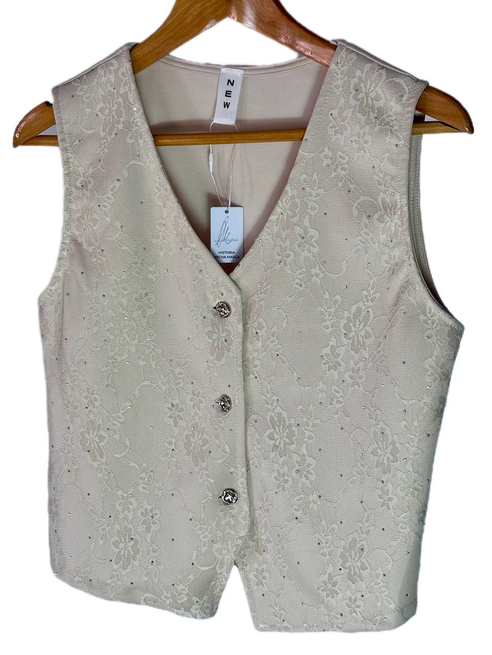 CHALECO BEIGE ENCAJE Y BRILLO